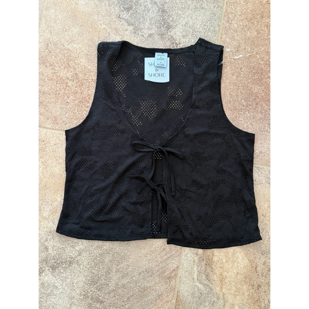 Shade & Shore Women's Crochet Tie-Front Tank Swim Cover Up Black Size M NWT